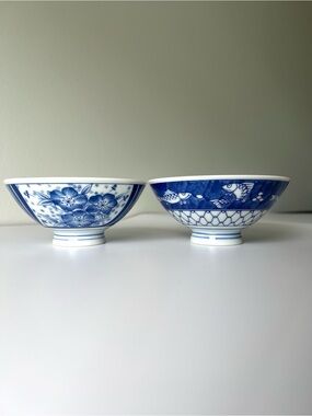 Vintage Pier 1 Blue & White Footed Porcelain Bowls for Rice / Soup, 2pc Set